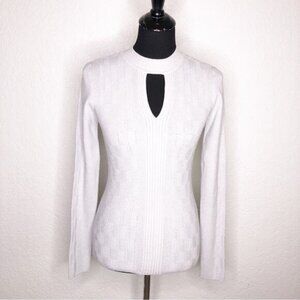 WHBM light gray silver metallic cutout neckline knit sweater size Medium